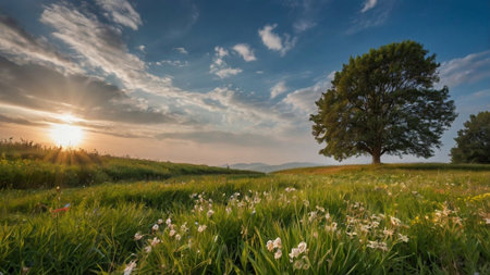 Beautiful summer landscape with a blooming meadow and a treeの写真素材
