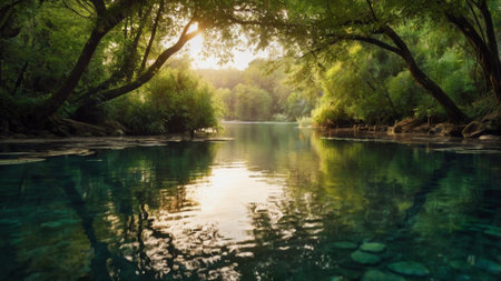 Beautiful landscape of river flowing through the green forest at sunset.の写真素材