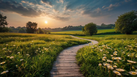 Sunset over a meadow with daisies and a wooden pathの写真素材