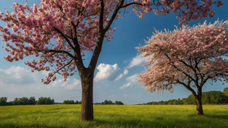 Cherry blossoms in spring on a meadow in front of a treeの写真素材
