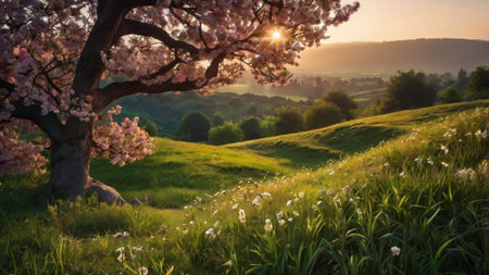 Cherry blossoms on the hillside in the rays of the setting sunの写真素材