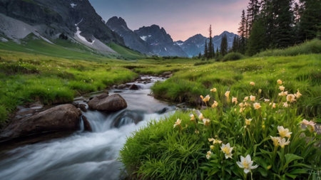 Flowers in front of a mountain stream in the alps.の写真素材