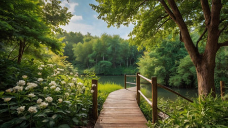 Wooden walkway in the park with green trees and lake.の写真素材