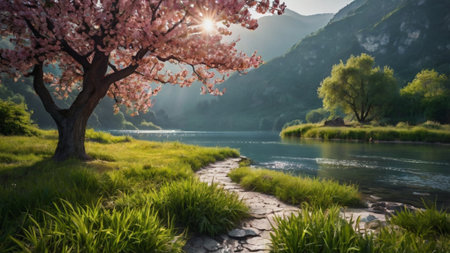 Beautiful spring landscape with blooming sakura tree on the river bankの写真素材