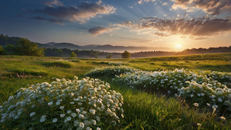 Meadow with daisies at sunset in Carpathian mountainsの写真素材
