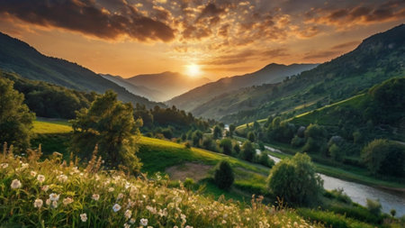 Beautiful sunset over the mountain valley. Carpathian, Ukraineの写真素材