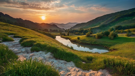 Beautiful sunset in the mountains with a river and green meadowsの写真素材