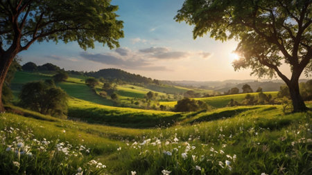 Panoramic view of beautiful sunset over meadow with irisesの写真素材