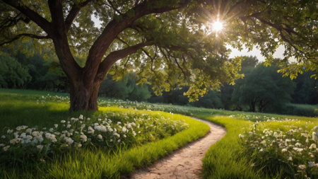 Sunset in the summer park with green grass, trees and flowersの写真素材