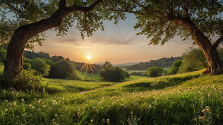 Sunset over a green meadow with a tree in the foregroundの写真素材