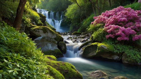 Waterfall in the forest with rhododendrons and stonesの写真素材
