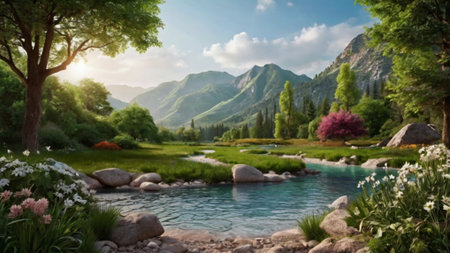 Beautiful landscape in the mountains with a mountain river and flowers.の写真素材