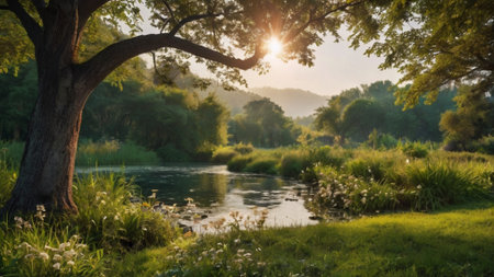 Sunset on the river with trees and grass in the foreground.の写真素材