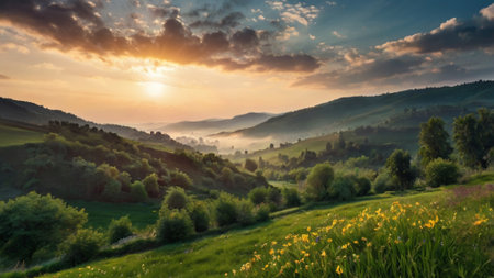 Beautiful sunrise in the mountains. Carpathian, Ukraine, Europe.の写真素材