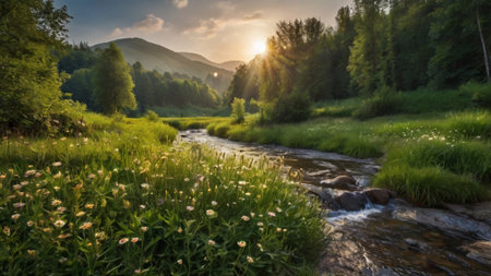 Sunset over a mountain river in the Carpathian Mountains.の写真素材