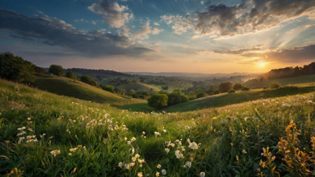 Sunset over a meadow in the countryside. Spring landscape.の写真素材