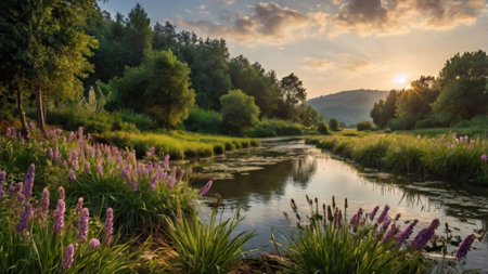 Beautiful summer landscape with river and meadow in the evening.の写真素材