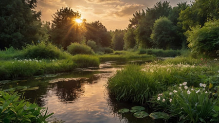 Sunset over the river in the park in summer. Landscape.の写真素材