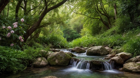 Waterfall in the green forest. Beautiful nature scene. Waterfall in the forest.の写真素材