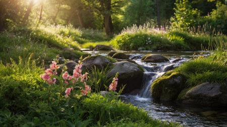 Beautiful summer landscape with small waterfall and pink flowers in green forestの写真素材