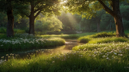 Beautiful summer landscape with a small river in the park at sunsetの写真素材