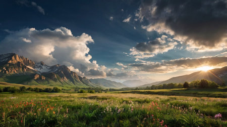 Panoramic view of meadow and mountains under blue sky with cloudsの写真素材