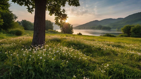 Sunset on the lake with dandelions. Beautiful summer landscape.の写真素材