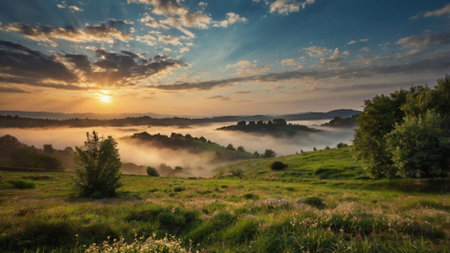 Sunrise over the foggy meadow in the countryside in summerの写真素材