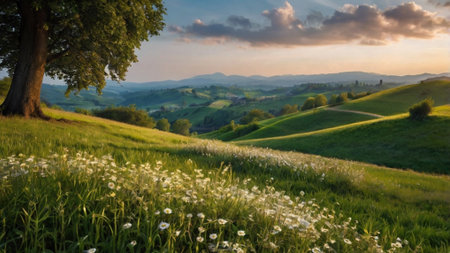 Sunset in Tuscany, Italy. Panoramic view of green hills and meadowの写真素材