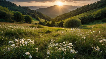 Meadow in the Carpathian mountains at sunset, Ukraineの写真素材