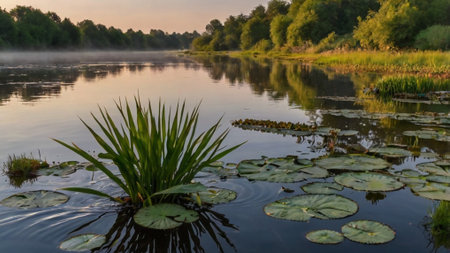 Morning fog over the river. Beautiful summer landscape with a lake and trees.の写真素材