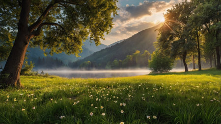 Beautiful summer landscape with foggy meadow and trees at sunsetの写真素材