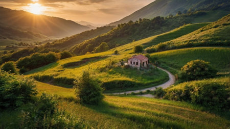 Beautiful sunset in Tuscany, Italy. Panoramic imageの写真素材