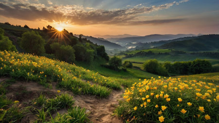 Sunset in Tuscany, Italy. Panoramic view of the hills and flowersの写真素材