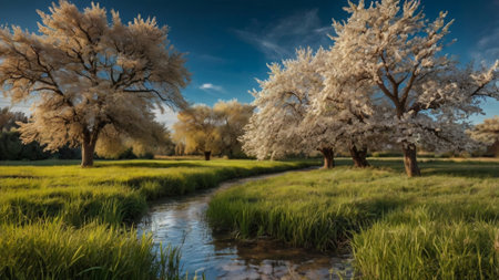 Beautiful spring landscape with blooming trees and a small river.の写真素材