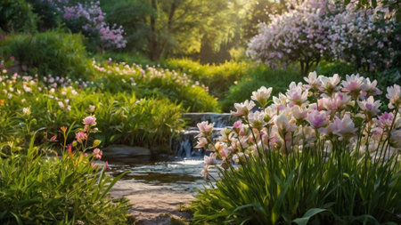Beautiful flowers in the garden with a small waterfall in the backgroundの写真素材