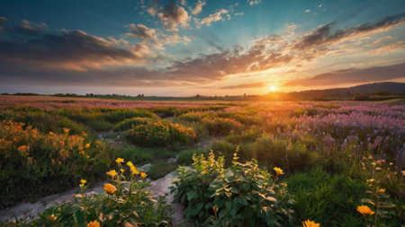 Sunset over a field of sunflowers in the summer.の写真素材
