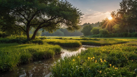 Sunset over a small river in the meadow in summer.の写真素材
