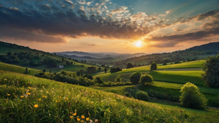 Beautiful sunset in the mountains. Panoramic view of rural landscape.の写真素材