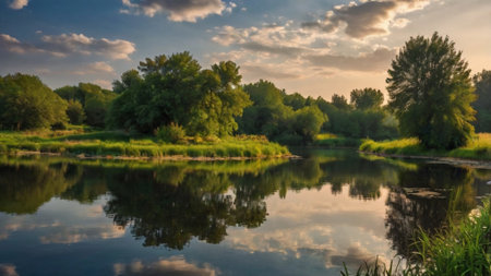 Beautiful summer landscape with river and sky reflected in the water at sunsetの写真素材