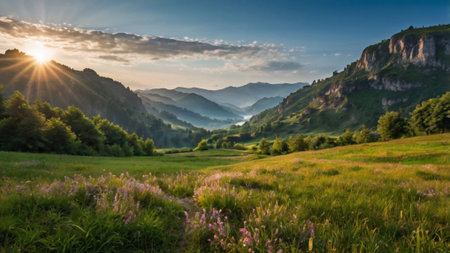 Sunset over the mountain valley. Landscape with meadow and forest.の写真素材