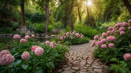 Beautiful flower garden in the morning with sunlight. Nature background.の写真素材