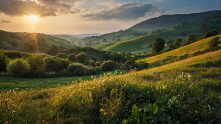 Sunset in landscape with hills and meadowsの写真素材