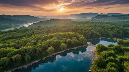 Aerial view of the river in the mountains at sunset. Nature backgroundの写真素材