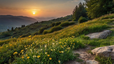 Sunset in the mountains with yellow flowers and green grass on the hillsideの写真素材