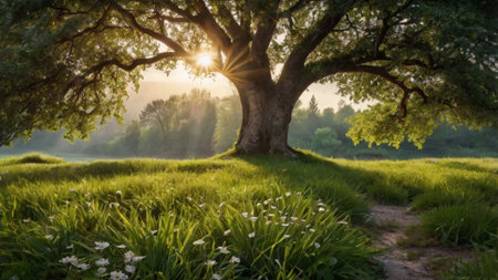 Beautiful summer landscape with big old oak tree in the morning.の写真素材