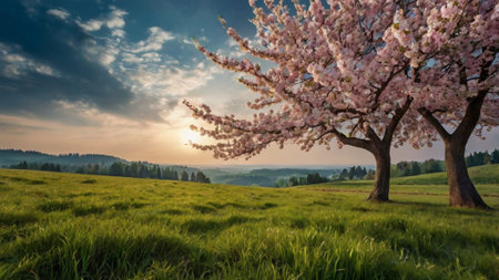 Beautiful spring landscape with blooming cherry tree in the meadowの写真素材