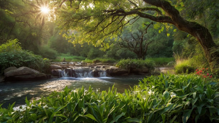 Beautiful view of a small waterfall in a lush green forest at sunsetの写真素材