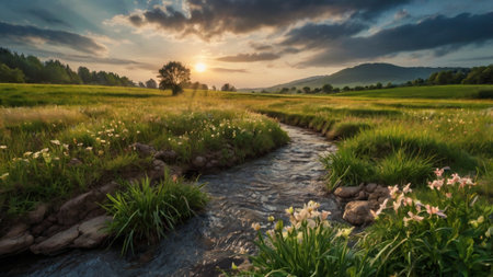 Panoramic view of a small river flowing through a meadow at sunsetの写真素材