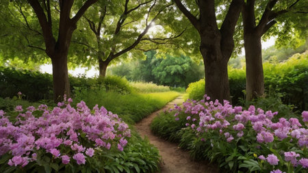 Beautiful spring garden with blooming azalea flowers and pathの写真素材